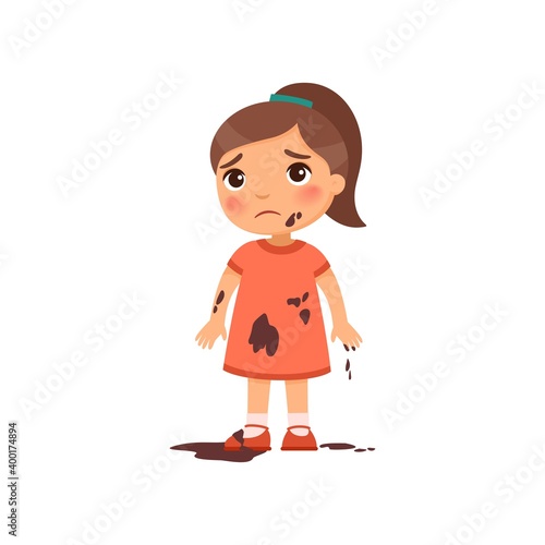 Sad dirty girl flat vector color illustration. Unhappy caucasian toddler in mud. Bad child behavior. Untidy, grubby little child with dark hair cartoon character isolated on white background