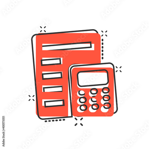 Tax payment icon in comic style. Budget invoice cartoon vector illustration on white isolated background. Calculate document splash effect business concept.