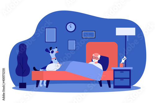 Old man and his pets resting in bed together. Sick person with hot drink, cat, dog flat vector illustration. Elderly age, domestic animals concept for banner, website design or landing web page