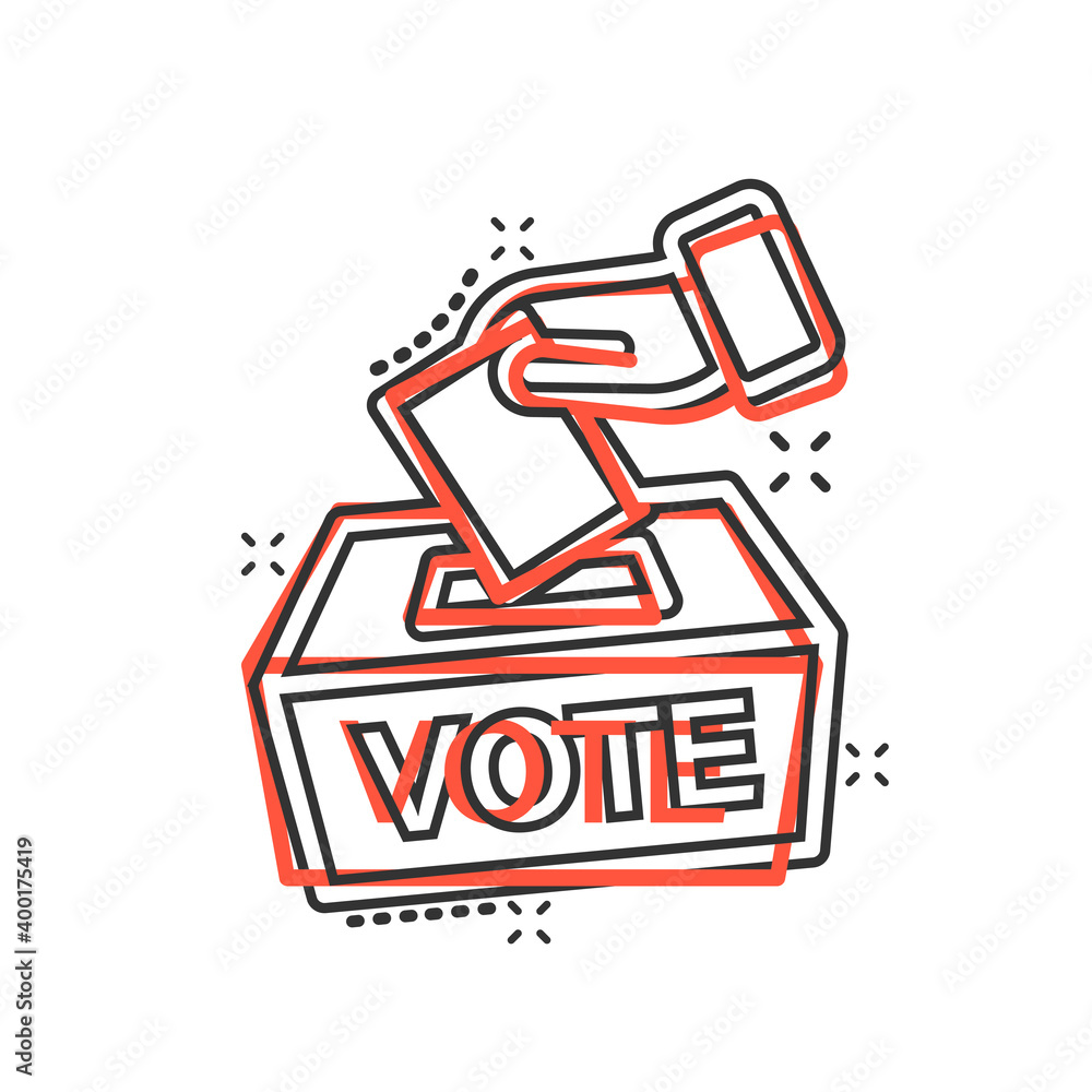 Vote icon in comic style. Ballot box cartoon vector illustration on white isolated background. Election splash effect business concept. Vote icon in comic style. Ballot box cartoon vector illustration on white isolated background. Election splash effect business concept.