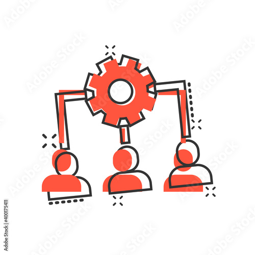 Business training icon in comic style. Gear with people cartoon vector illustration on white isolated background. Employee management splash effect concept.