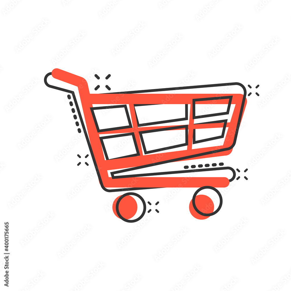Shopping cart icon in comic style. Trolley cartoon vector illustration on white isolated background. Basket splash effect business concept. Shopping cart icon in comic style. Trolley cartoon vector illustration on white isolated background. Basket splash effect business concept.