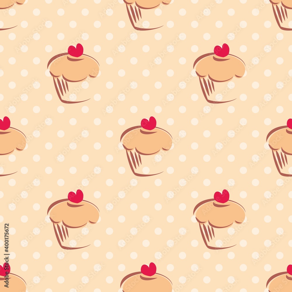 Seamless vector pattern or tile texture with cupcakes, muffins, sweet cake with red heart on top and white polka dots on beige background with sweets for desktop wallpaper or culinary blog website Seamless vector pattern or tile texture with cupcakes, muffins, sweet cake with red heart on top and white polka dots on beige background with sweets for desktop wallpaper or culinary blog website
