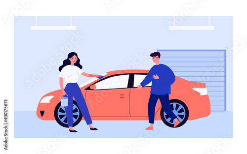 Car wash service. Woman rubbing vehicle with cloth in garage, male driver flat vector illustration. Transport, maintenance, cleaning concept for banner, website design or landing web page