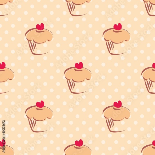 Seamless vector pattern or tile texture with cupcakes, muffins, sweet cake with red heart on top and white polka dots on beige background with sweets for desktop wallpaper or culinary blog website