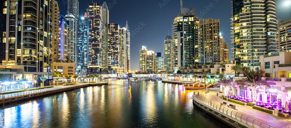 Dubai Marina district skyline at night, United Arab Emirates