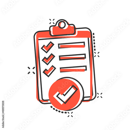 To do list icon in comic style. Document checklist cartoon vector illustration on white isolated background. Notepad check mark splash effect business concept.