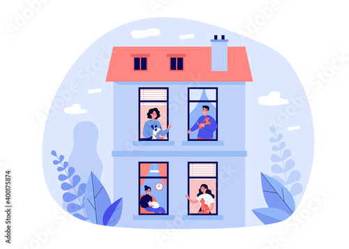 Neighbors keeping pets in their flats. Windows and exterior of apartment building flat vector illustration. Domestic animals, pet care concept for banner, website design or landing web page