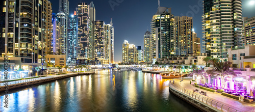 Dubai Marina district skyline at night, United Arab Emirates