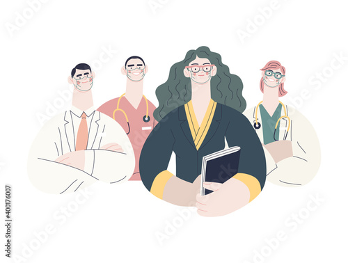 Medical insurance illustration -hospital administrator -modern flat vector concept digital illustration - a female hospital administrator with a team of doctors concept, medical office or laboratory