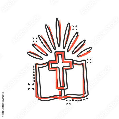 Bible book icon in comic style. Church faith cartoon vector illustration on white isolated background. Spirituality splash effect business concept.