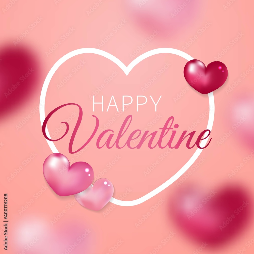 Happy Valentine greeting card decorated with realistic hearts and blur background. Trendy vector design