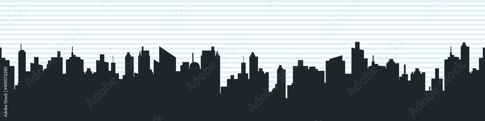 City skyline concept. Silhouette of the city in a flat style. Modern urban landscape. City skyscrapers building. Vector illustration