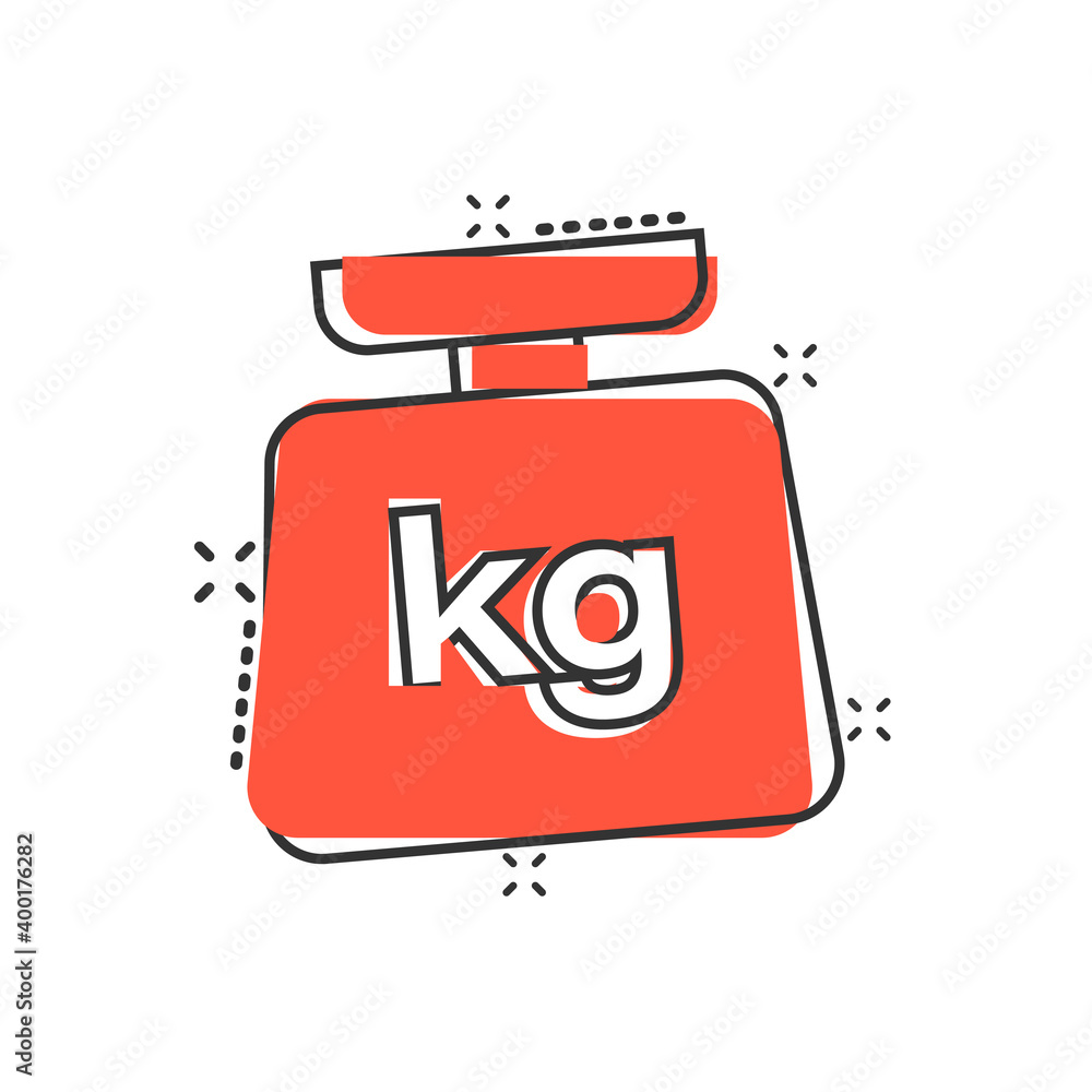 Scale icon in comic style. Kilogram dumbbell cartoon vector illustration on white isolated background. Gym splash effect business concept. Scale icon in comic style. Kilogram dumbbell cartoon vector illustration on white isolated background. Gym splash effect business concept.