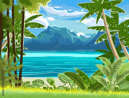 Beach. Seaside landscape. Tropical trees by the sea, ocean. Mountains in the distance on the horizon. Grass and thickets in the sand. Illustration. Vector