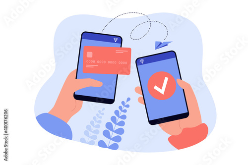 Hands holding cellphones and sending money from electronic wallet flat vector illustration. Cartoon mobile payments online using phone. Bank transaction and digital technology concept