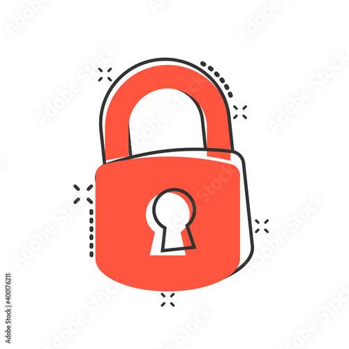 Padlock icon in comic style. Lock cartoon vector illustration on white isolated background. Private splash effect business concept.