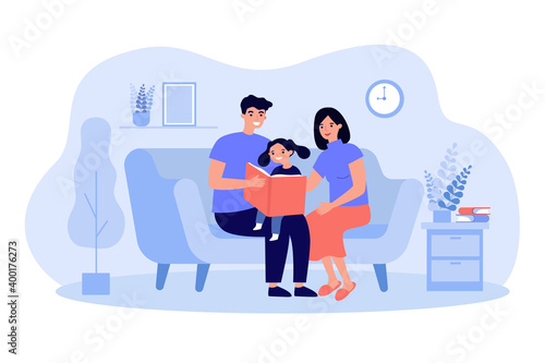 Cheerful parents reading book to daughter flat vector illustration. Cartoon father, mother and child having fun together and sitting on sofa. Family and parenthood concept