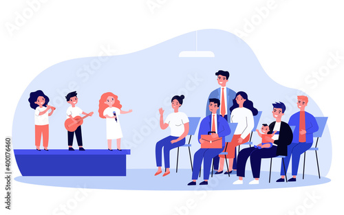 Kids performing at school concert. Band of children playing instrument and singing before audience flat vector illustration. Childhood, show concept for banner, website design or landing web page