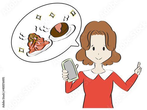 スマートフォンでデジタルオーダーをする女性のベクターイラスト素材