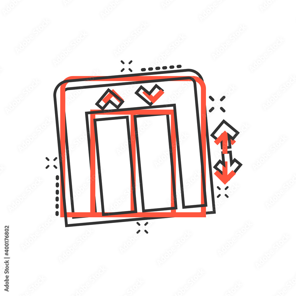 Elevator icon in comic style. Lift cartoon vector illustration on white isolated background. Passenger transportation splash effect business concept. Elevator icon in comic style. Lift cartoon vector illustration on white isolated background. Passenger transportation splash effect business concept.