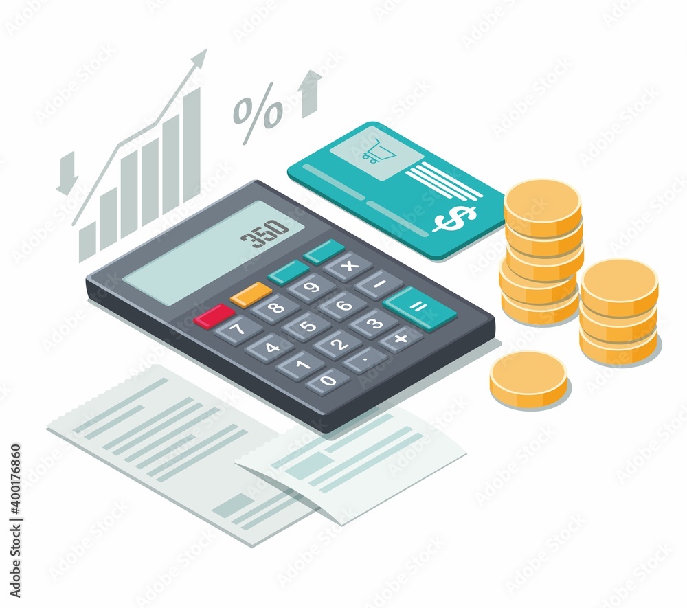 Calculator, coins and cash receipt on white background. Isometric illustration. Calculator, coins and cash receipt on white background. Isometric illustration.