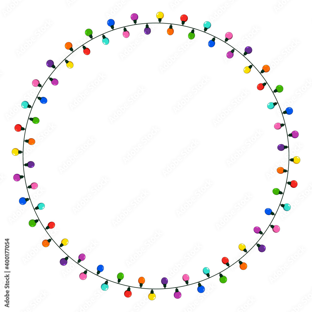 Christmas lights string circle frame. Round wreath illustration with copy space. Ring shape garland festive border isolated on white background. Vector colorful design element.
