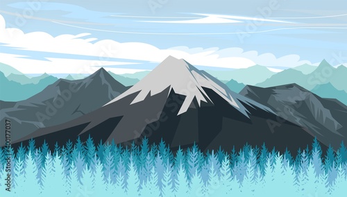 Mountain range with cliffs, rocks and peaks. Sky with clouds. Landscape with coniferous forest, taiga. Pine trees, ate.  Illustration vector