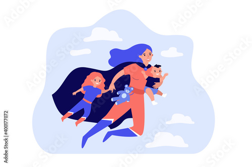 Happy superhero mother flying and carrying children flat vector illustration. Cartoon busy super mom shopping or having fun with baby and elder girl. Family and motherhood concept