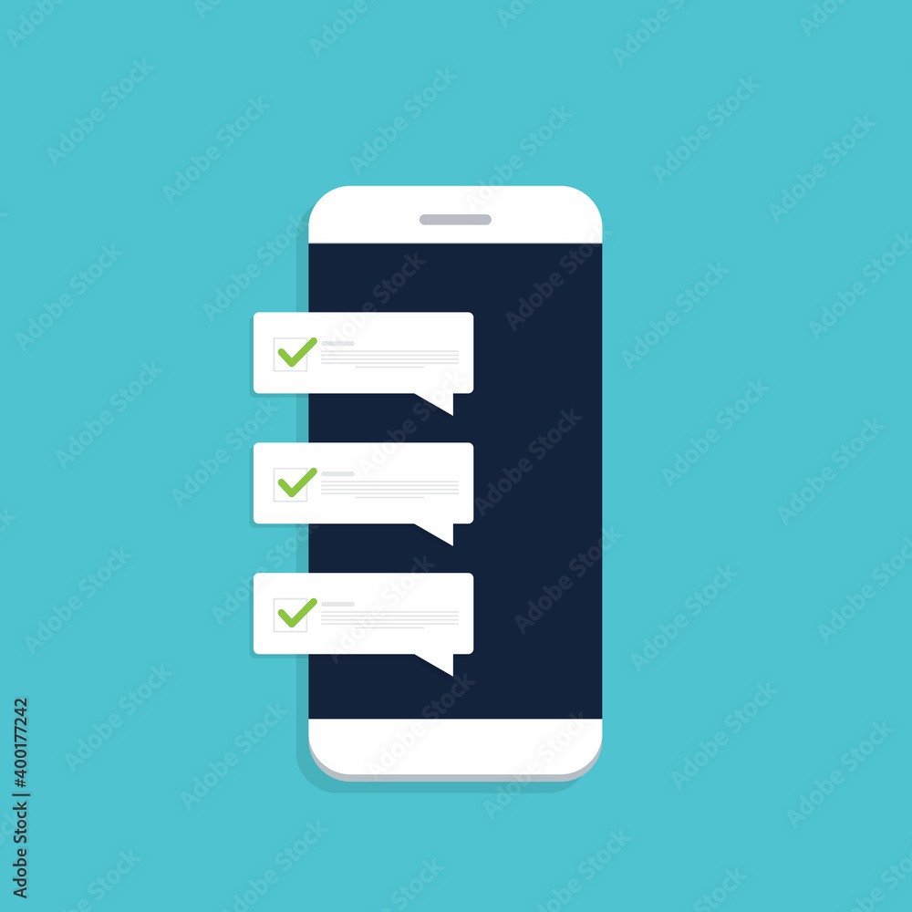 Mobile phone with push notifications or smartphone cellphone sms messages with updated checkmark ticks bubbles vector flat cartoon, idea of digital complete or accepted alerts Mobile phone with push notifications or smartphone cellphone sms messages with updated checkmark ticks bubbles vector flat cartoon, idea of digital complete or accepted alerts