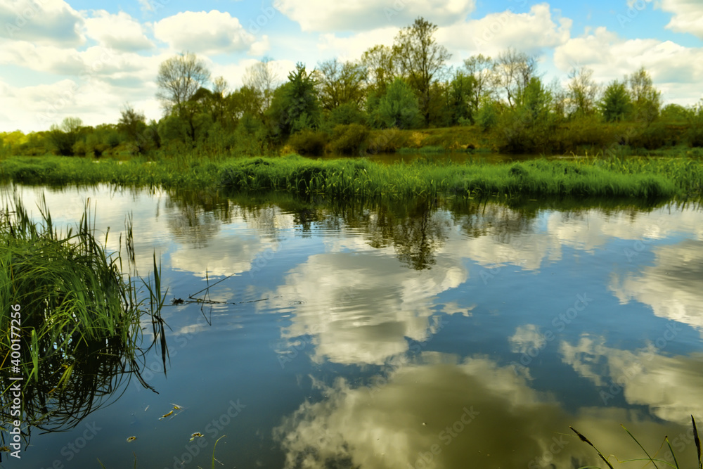 Obraz premium The lake and clouds are reflected in the water in spring at times. fresh spring foliage.