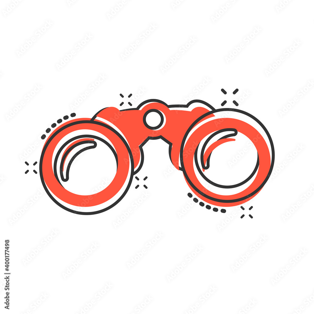 Binocular icon in comic style. Search cartoon vector illustration on white isolated background. Zoom splash effect business concept. Binocular icon in comic style. Search cartoon vector illustration on white isolated background. Zoom splash effect business concept.