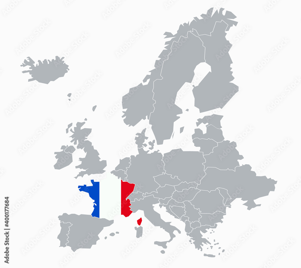 Map of Europe showing the territory of France highlighted by a flag ...