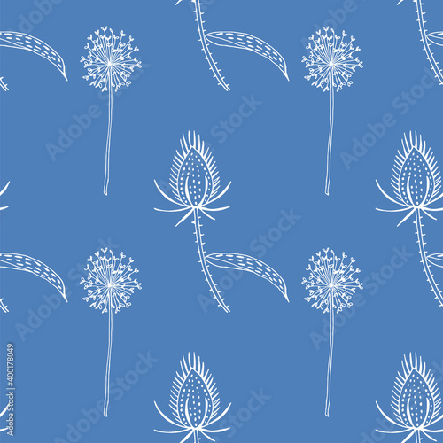 Seamless pattern of wild teasel and dandelions.
