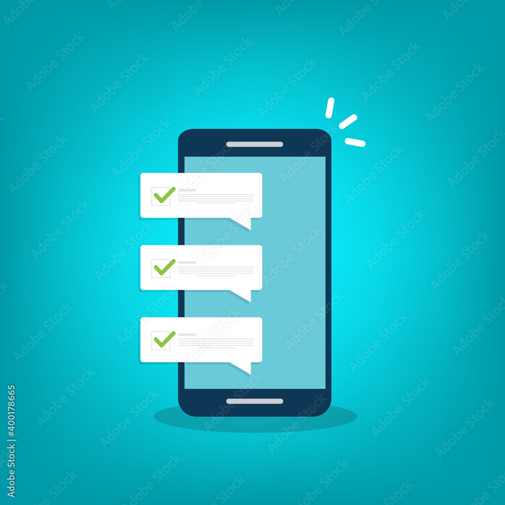 Mobile phone with push notifications or smartphone cellphone sms messages with updated checkmark ticks bubbles vector flat cartoon, idea of digital complete or accepted alerts Mobile phone with push notifications or smartphone cellphone sms messages with updated checkmark ticks bubbles vector flat cartoon, idea of digital complete or accepted alerts