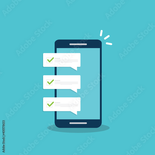  Mobile phone with push notifications or smartphone cellphone sms messages with updated checkmark ticks bubbles vector flat cartoon, idea of digital complete or accepted alerts © madedee