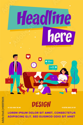 Mom and son with gadgets living on social media chats. Dad getting upset about messy at home. flat vector illustration. Internet addiction concept for banner, website design or landing web page
