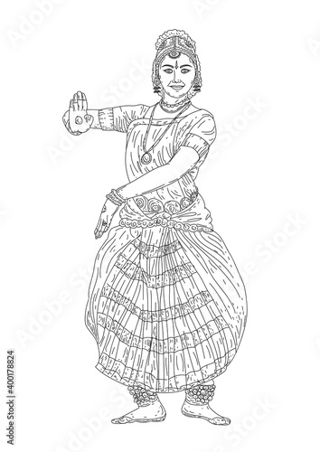 indian classical dance Bharathanatiyam sketch or vector illustration