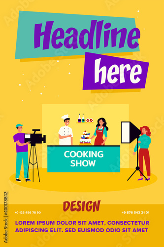 Happy chefs cooking cake for TV show. Apron, food, dessert flat vector illustration. Meal preparation and television concept for banner, website design or landing web page