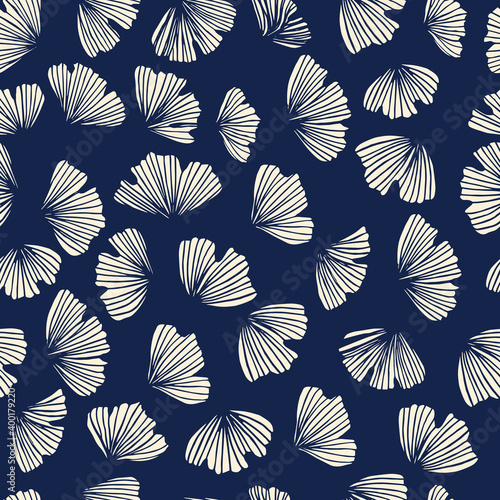 Gingko seamless vector pattern. Blue china background. Ginko leaves silhouette pattern. Floral Japanese outline ornament. Vector illustration