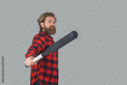 Baseball. Bearded man with baseball bat. Baseball game. Sport bat. Sport equipment. Baseball player. Sport game.