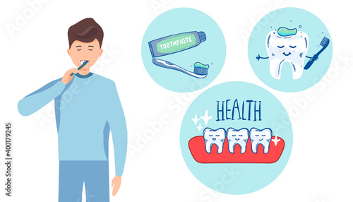 man brushing his teeth. Vector illustration of a flat design. my health lettering. teeth cleaning, healthy teeth. concept infographic.