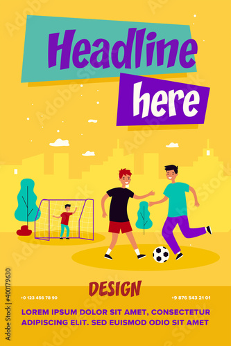 Active children playing soccer outdoors isolated flat vector illustration. Cartoon happy kids kicking ball and running at playground. Sport game and childhood concept