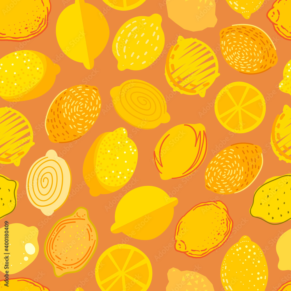 Fototapeta premium Lemon seamless pattern vector illustration. Summer design repeated textile with citrus fruits. Wallpaper printing background for boys and girls.