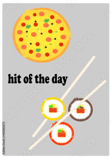 sushi and pizza, delicious fresh three kinds of sushi with chopsticks and pizza with salami and cheese