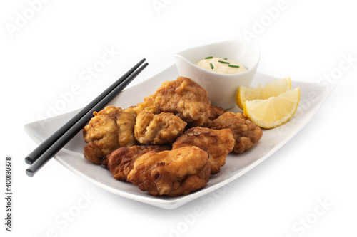 Spicy chicken karaage isolated on white background