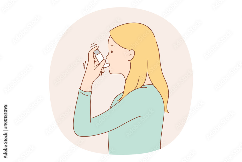 Asthma and inhaler concept. Young woman asthmatic using spray inhaler for preventing disease attacks and normal breathing. Respiratory, illness, drug. medicine. healthcare illustration Asthma and inhaler concept. Young woman asthmatic using spray inhaler for preventing disease attacks and normal breathing. Respiratory, illness, drug. medicine. healthcare illustration