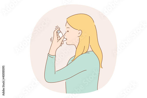 Asthma and inhaler concept. Young woman asthmatic using spray inhaler for preventing disease attacks and normal breathing. Respiratory, illness, drug. medicine. healthcare illustration 