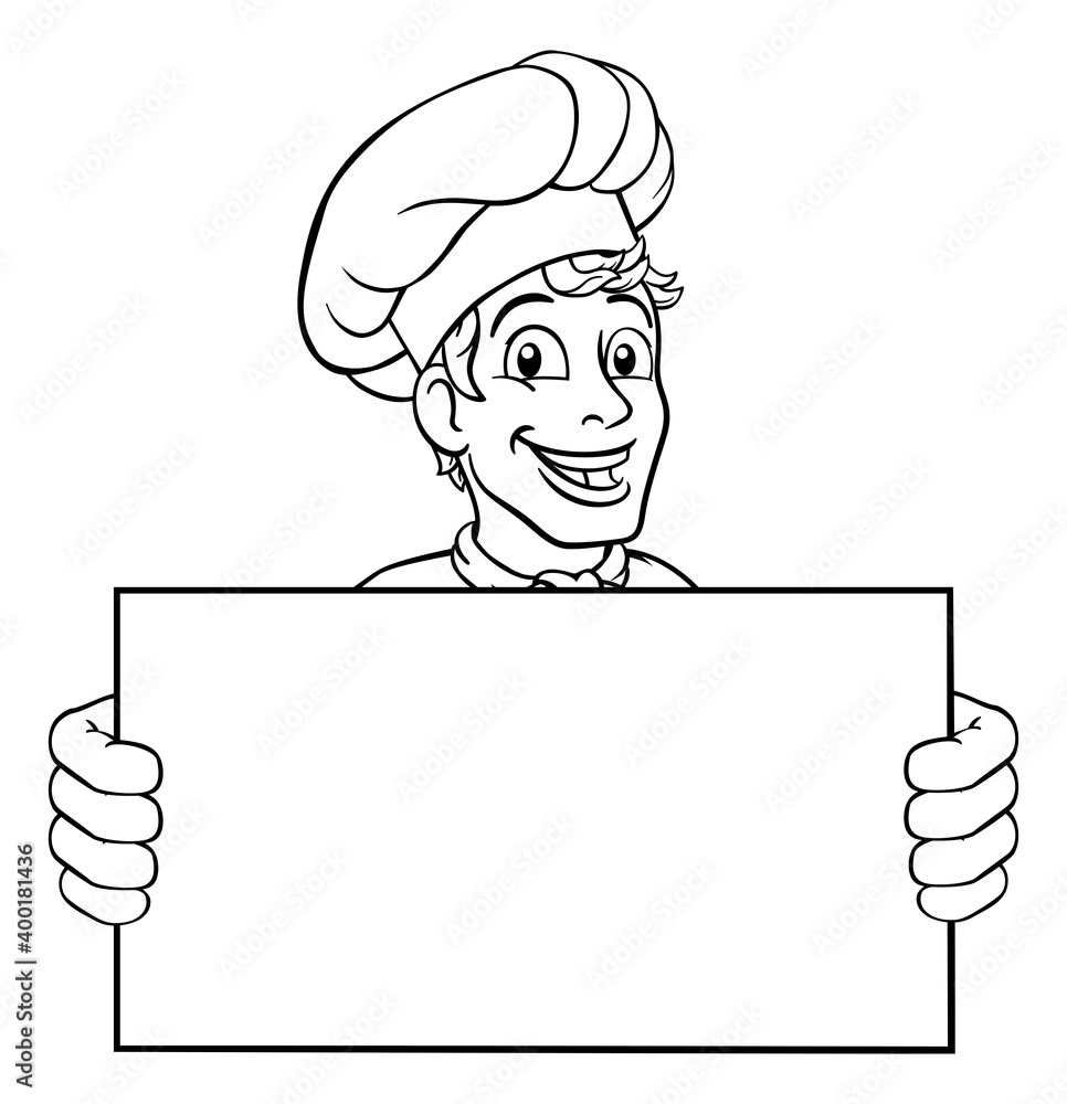 A chef cook or baker holding a sign board with copyspace cartoon A chef cook or baker holding a sign board with copyspace cartoon