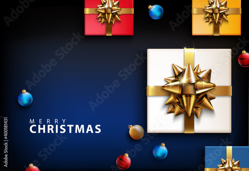 Merry Christmas, Happy New Year 2021. Set, blue background with realistic festive box. Christmas, Xmas present. Gift boxes with a surprise, trinkets, balls. Flyer and brochure. glitter gold, ribbon